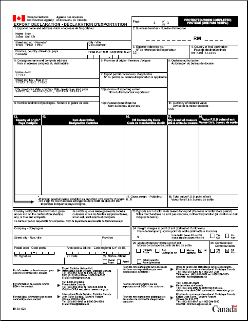 Canada Export Declaration Document