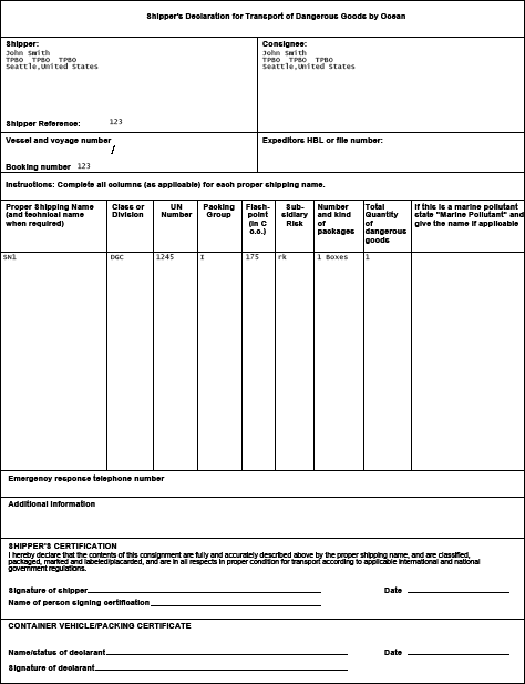 Shipper Declaration for Dangerous Goods (Ocean) Document