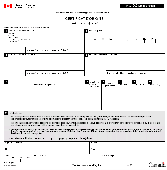 Canada NAFTA Certificate (French)