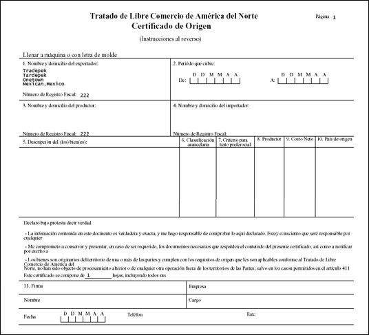 Mexico NAFTA Certificate