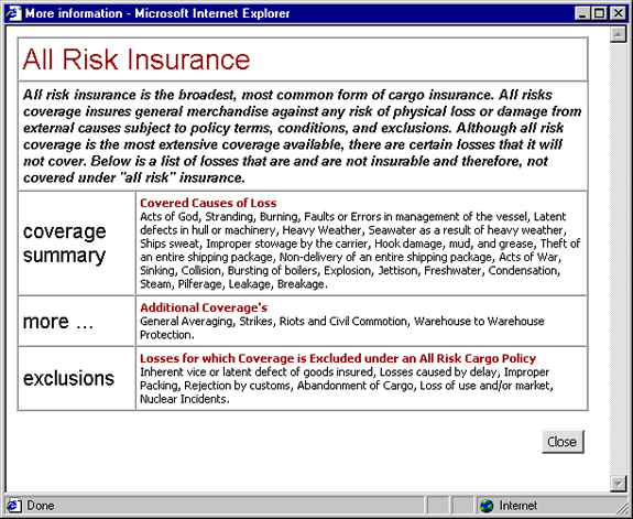 More Information on Insurance Coverage and Other Risk Factors Pop-up Window