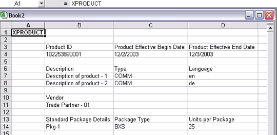 Type XProduct in cell A1