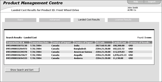 View Landed Cost Results