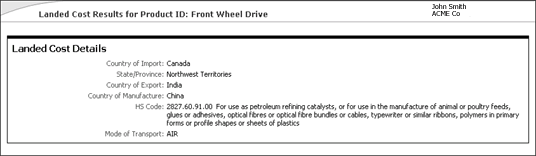 Detailed Landed Cost Results