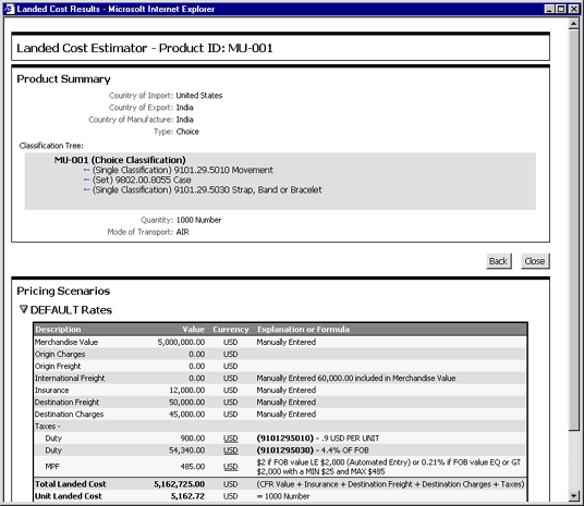 Landed Cost Results for Product Type Choice