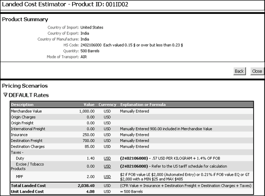 Landed Cost Results for Product Type Single