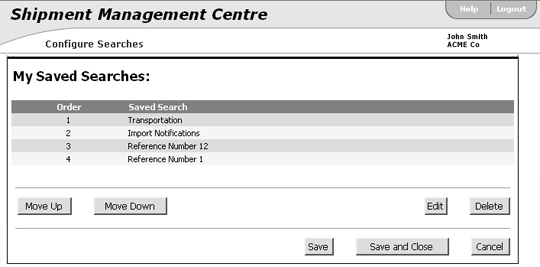 Configure Searches Page