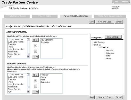 Parent/Child Relationships Tab