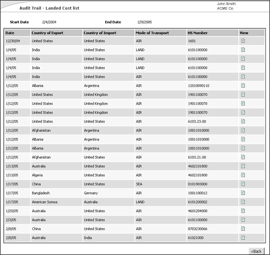 Audit Trail Results for Landed Cost