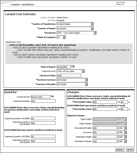 Landed Cost Estimate Page