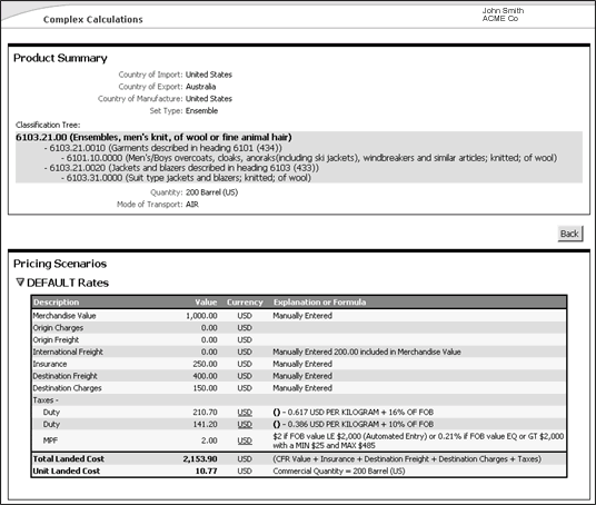 Landed Cost Results for Complex Calculations