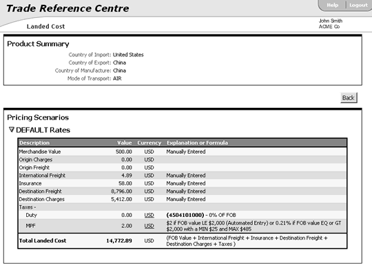 Landed Cost Results Page